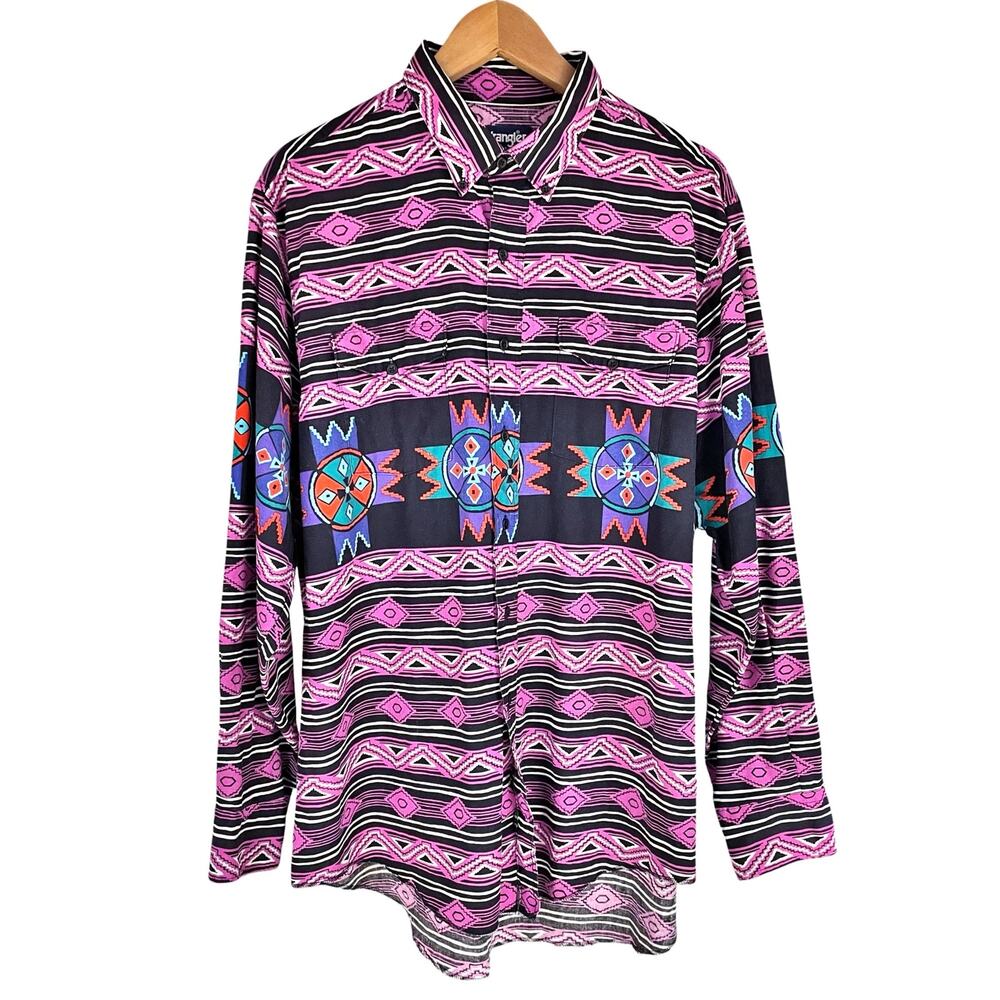 WRANGLER Vintage 90s Cowboy Cut Western Brushpopper Shirt 17.5x35 XL Pink Black